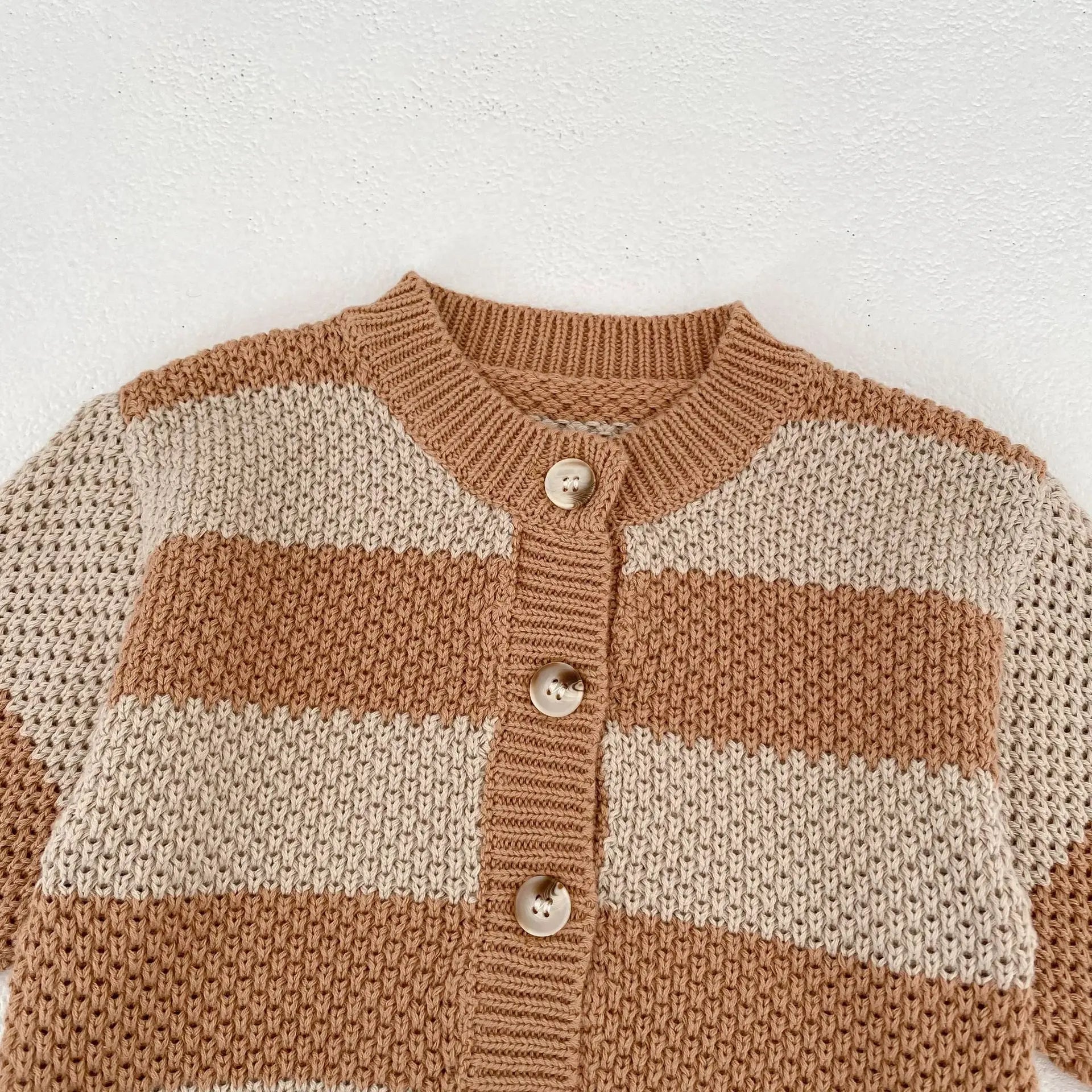 Khaki striped knitted cardigan sweater jacket for baby boys and girls