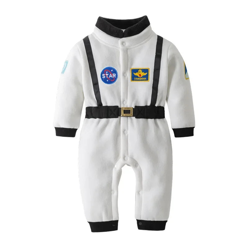 White astronaut romper with black belt and patches