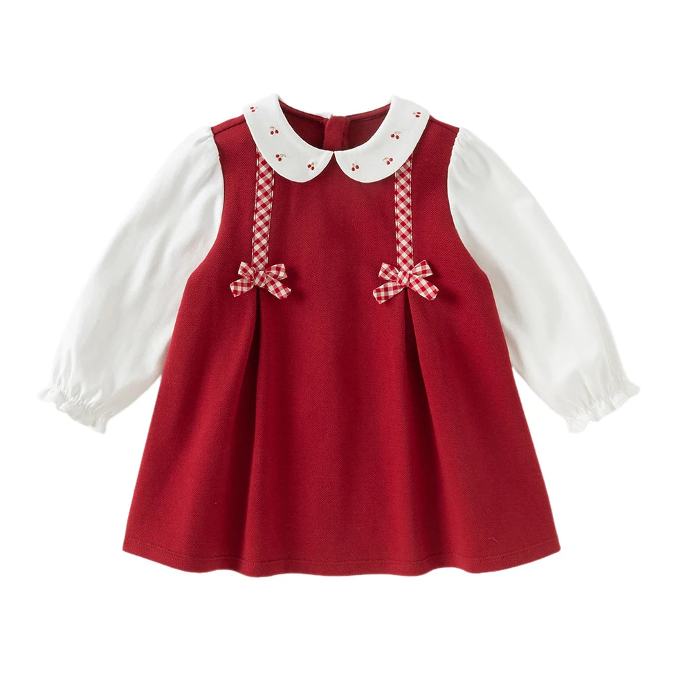 Red dress with white long sleeves, a cherry-patterned rounded collar, and red-and-white gingham ribbon bows.