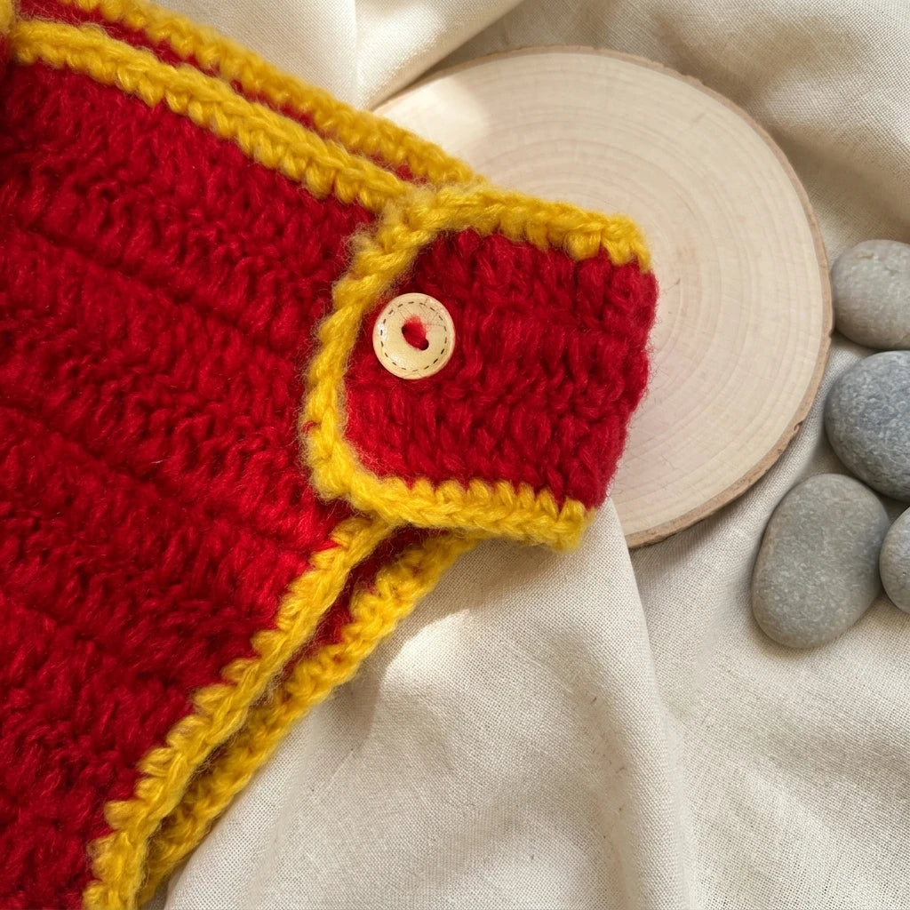 Close-up of button detail on red diaper cover with yellow trim