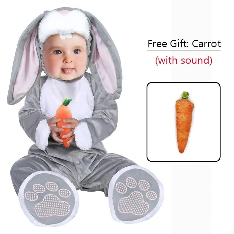 Infant wearing grey bunny romper costume with hood and floppy ears holding a toy carrot
