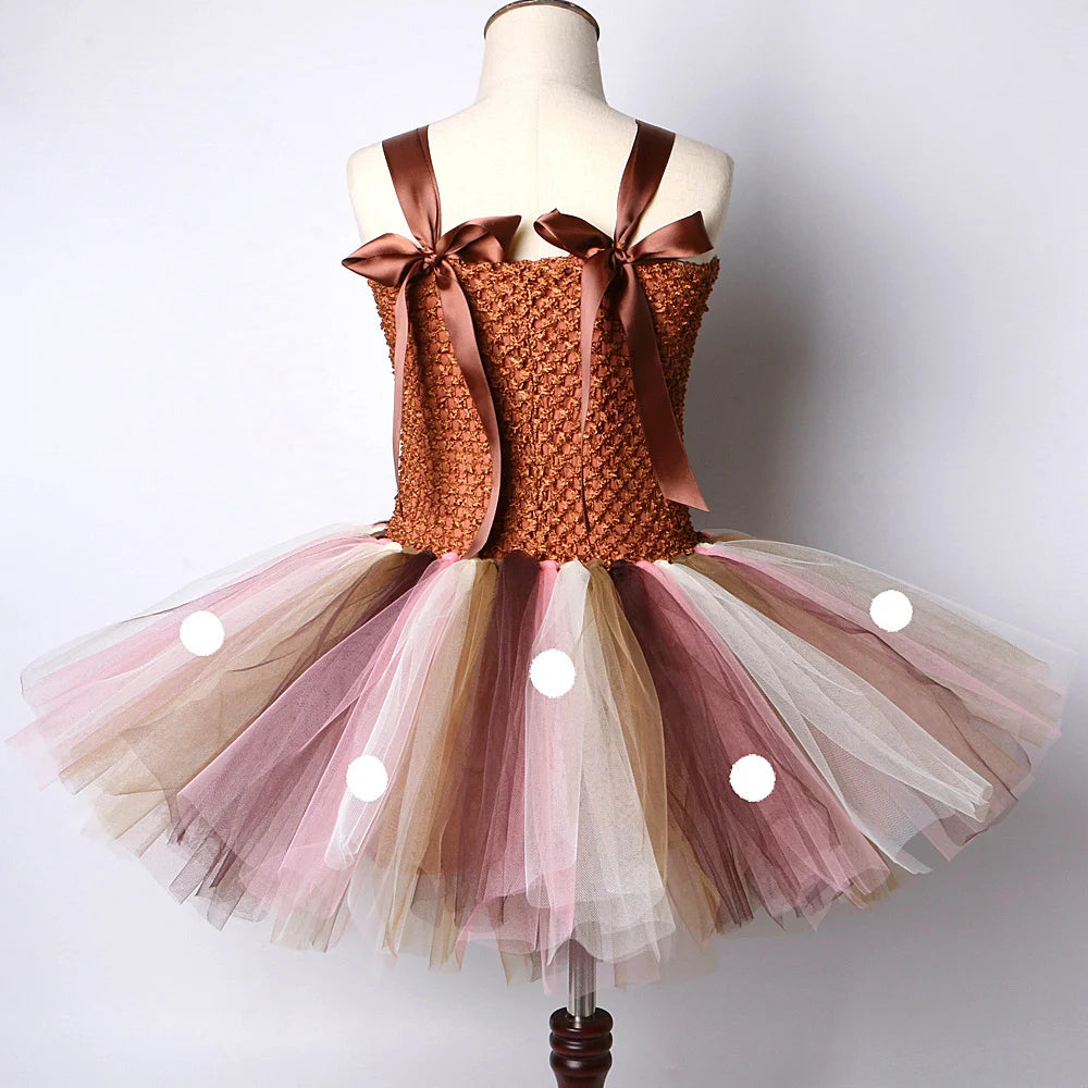 Front view of brown deer tutu dress for girls