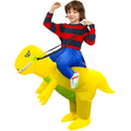 Child wearing yellow inflatable dinosaur costume