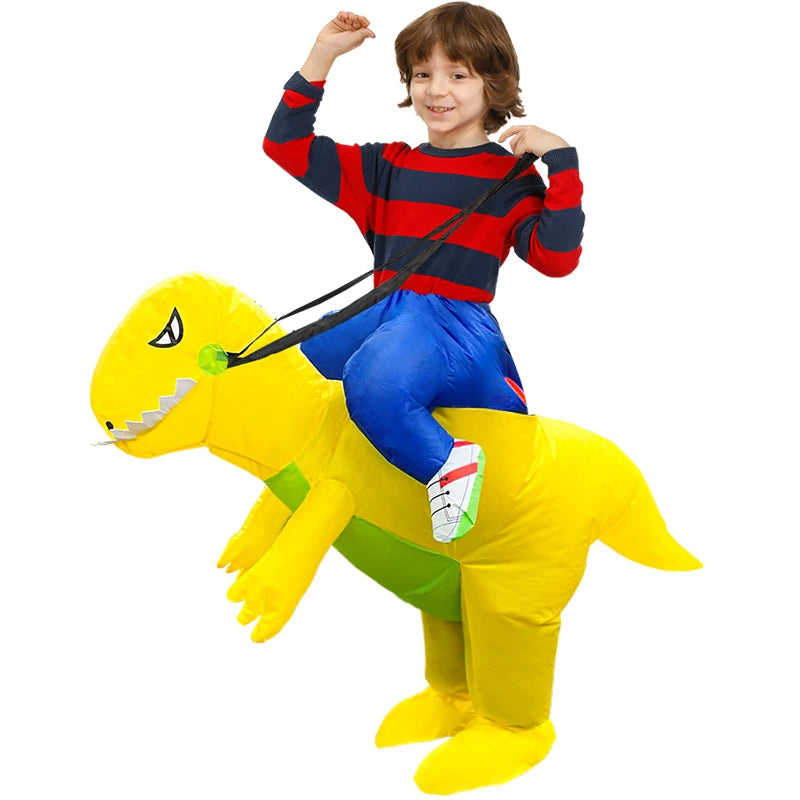 Child wearing yellow inflatable dinosaur costume