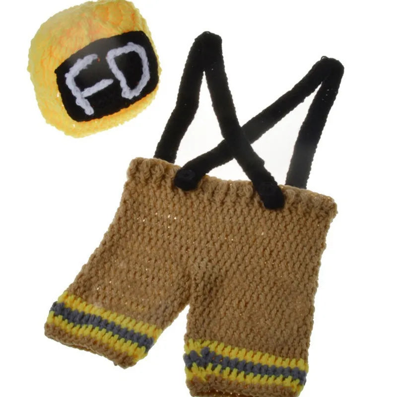 Yellow crochet baby firefighter costume set with hat and suspenders trousers