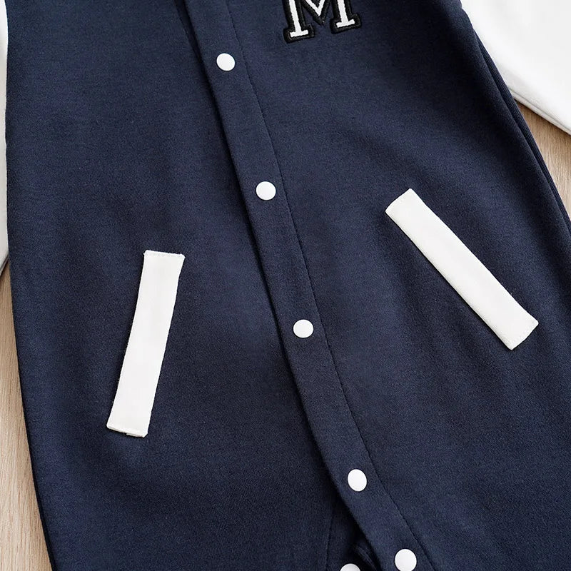 Side view of Blue Baseball Embroidered Baby Romper
