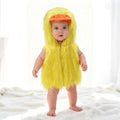 Baby wearing a yellow duck romper costume with hood featuring an orange duck bill