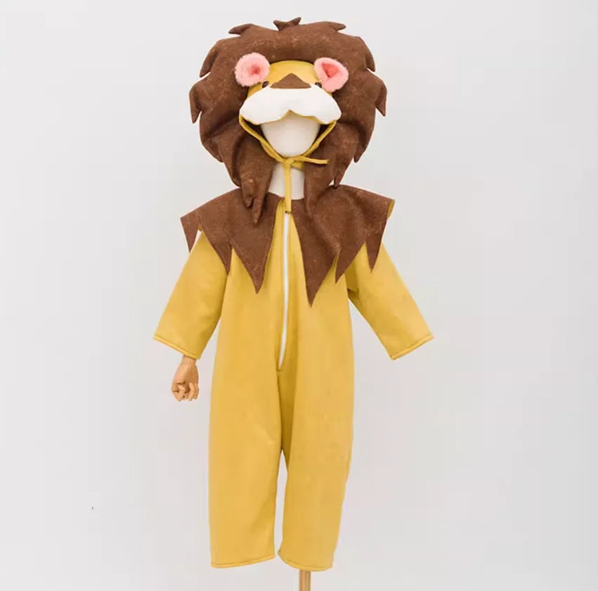 Yellow lion jumpsuit costume with brown mane headpiece on mannequin