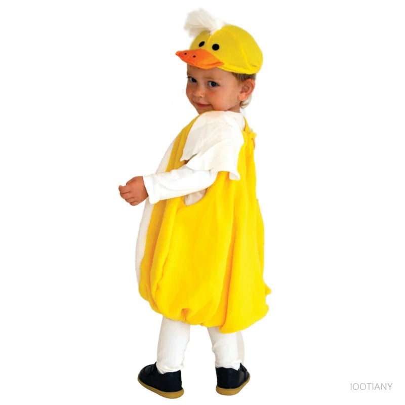 Toddler in yellow duckling costume jumpsuit and cap, back view