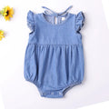 Sleeveless cotton denim romper with ruffles for baby girls in light blue