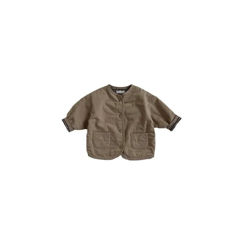 Plaid long sleeve cotton coat for baby and toddler in apricot color