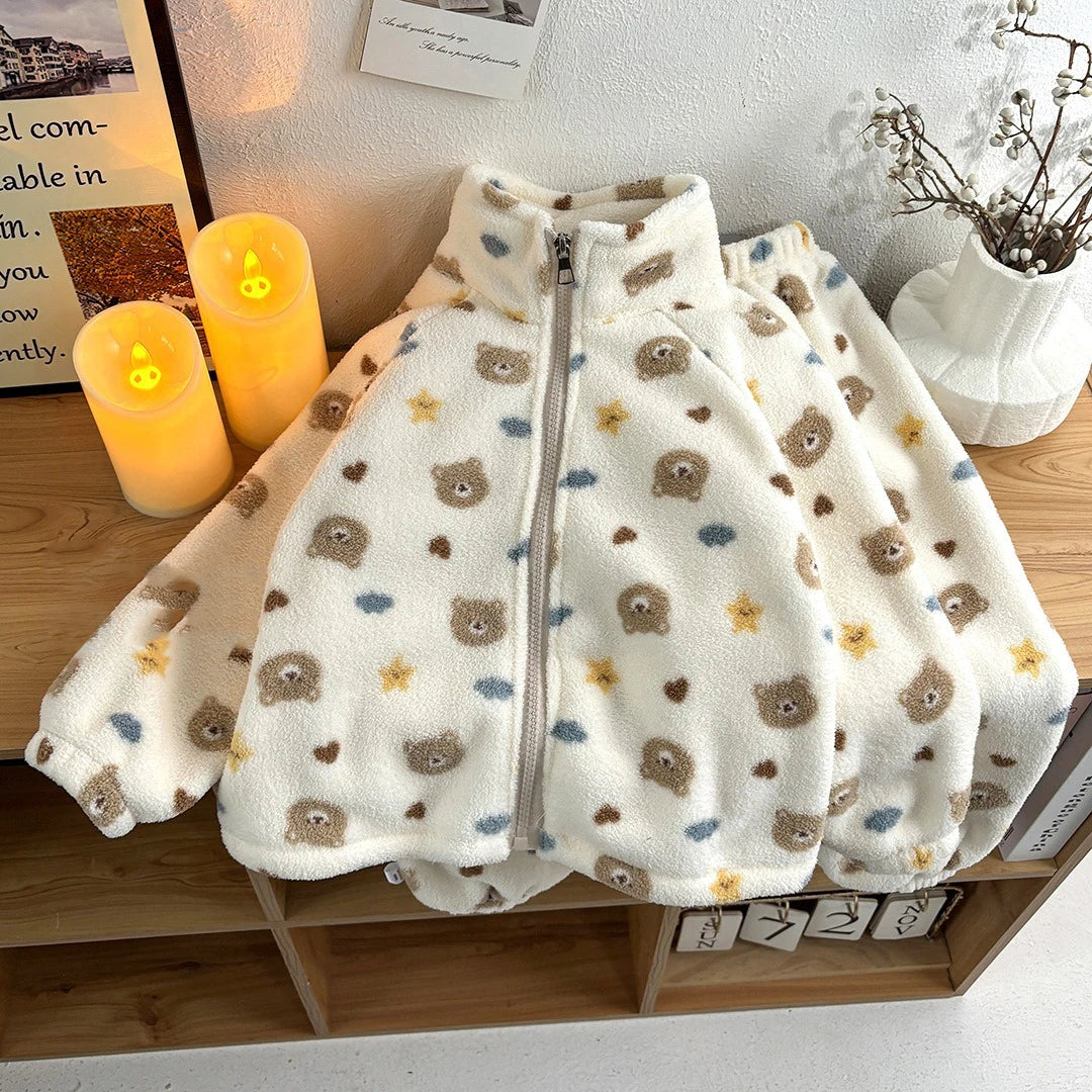 Cozy fleece hooded sweatshirt and pants set in Beige Little Bear print