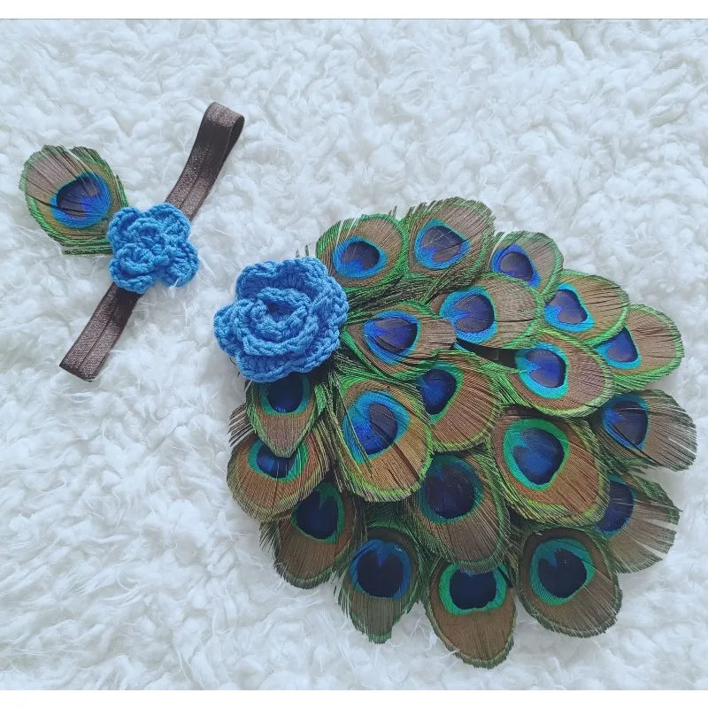 Newborn peacock feather costume set with feather skirt and blue flower headband