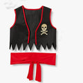 Black pirate vest with red trim and skull emblem, and red sash belt laid flat