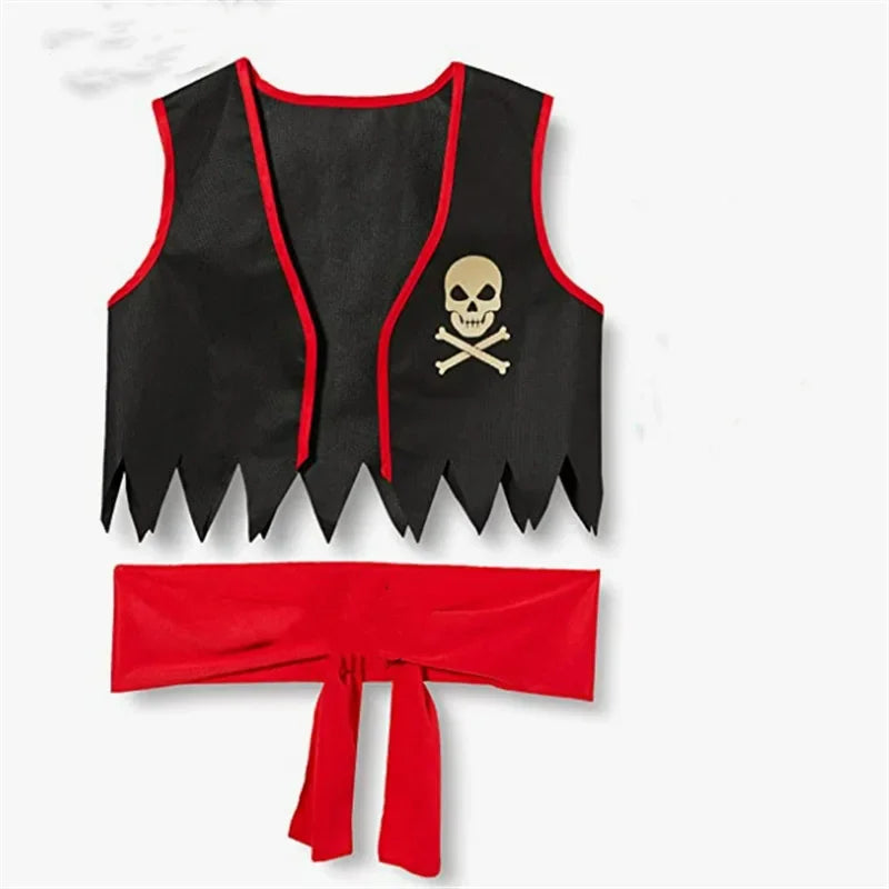 Black pirate vest with red trim and skull emblem, and red sash belt laid flat