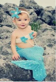 Aqua blue crochet baby mermaid costume set with starfish headband