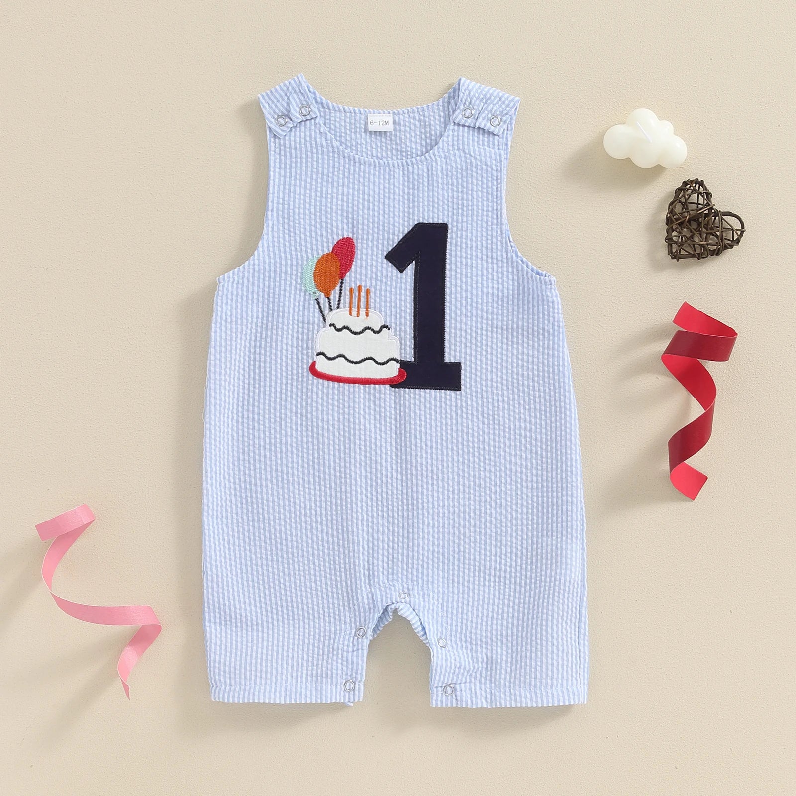 Striped Embroidered Baby Overalls Romper in Green