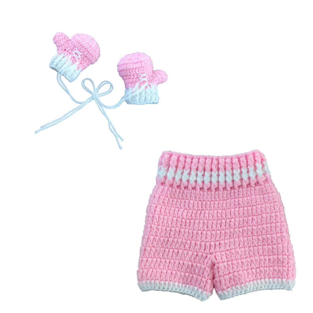 Pink crochet baby boxing shorts and gloves costume set