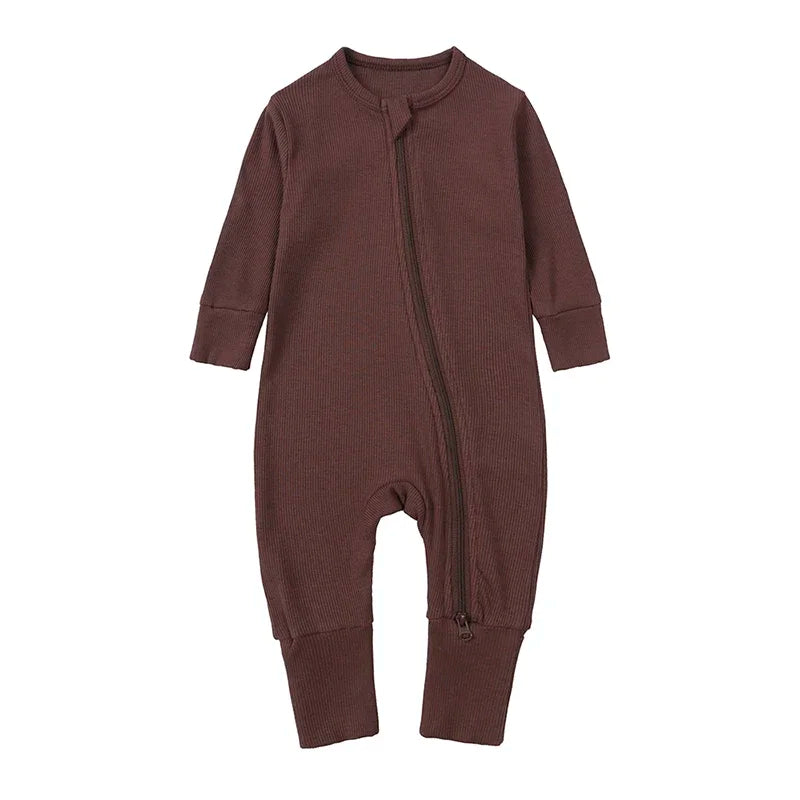 Long Sleeve Ribbed Zip Romper - Cocoa