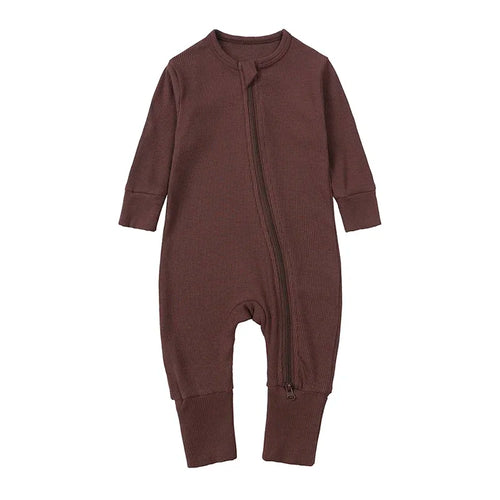 Long Sleeve Ribbed Zip Romper - Cocoa, product view