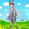 Child wearing gray mouse costume set with hat, vest, shorts, gloves, and shoe covers