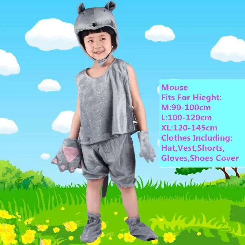 Child wearing gray mouse costume set with hat, vest, shorts, gloves, and shoe covers