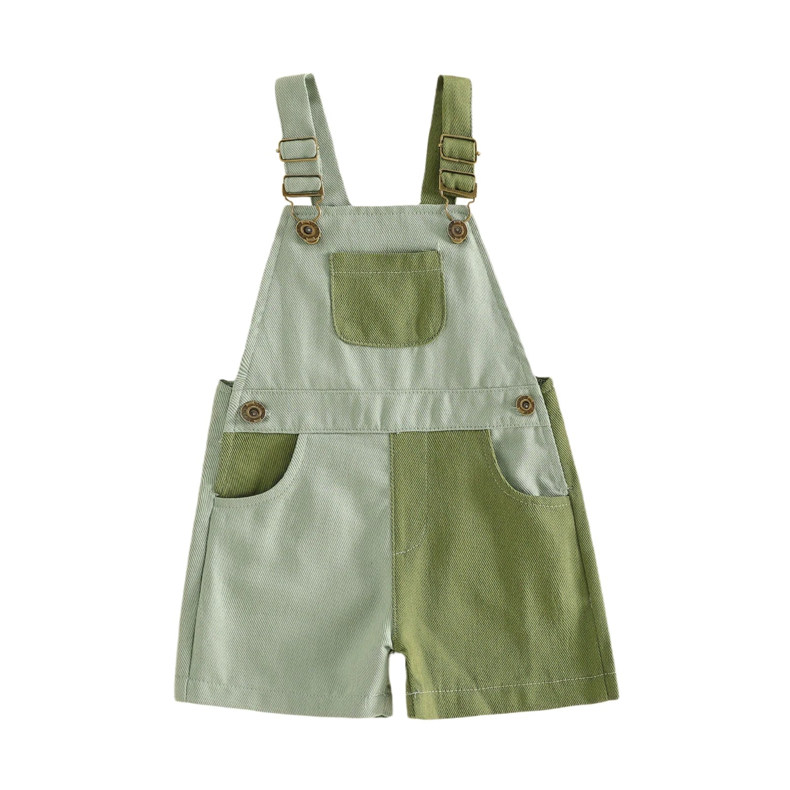 Sky blue colorblock overall shorts laid flat