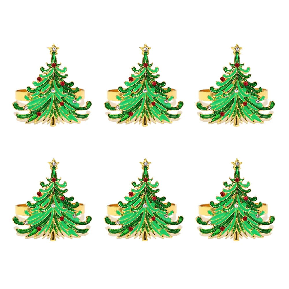 Green Branch Christmas Tree Napkin Rings — Set of 6. A green Christmas tree with branching tiers and a star topper.