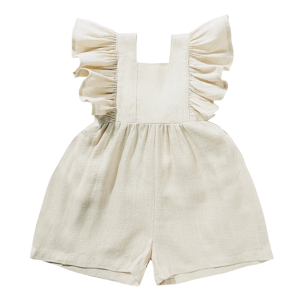 Baby Girls Sleeveless Linen Romper with Ruffles – Summer Jumpsuit