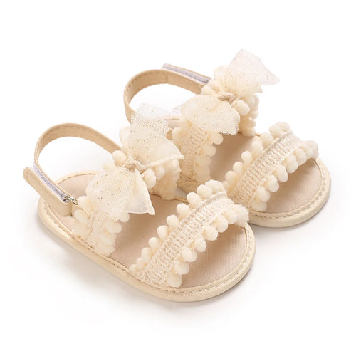 Cream Bow & Pom-Pom soft sole baby sandals