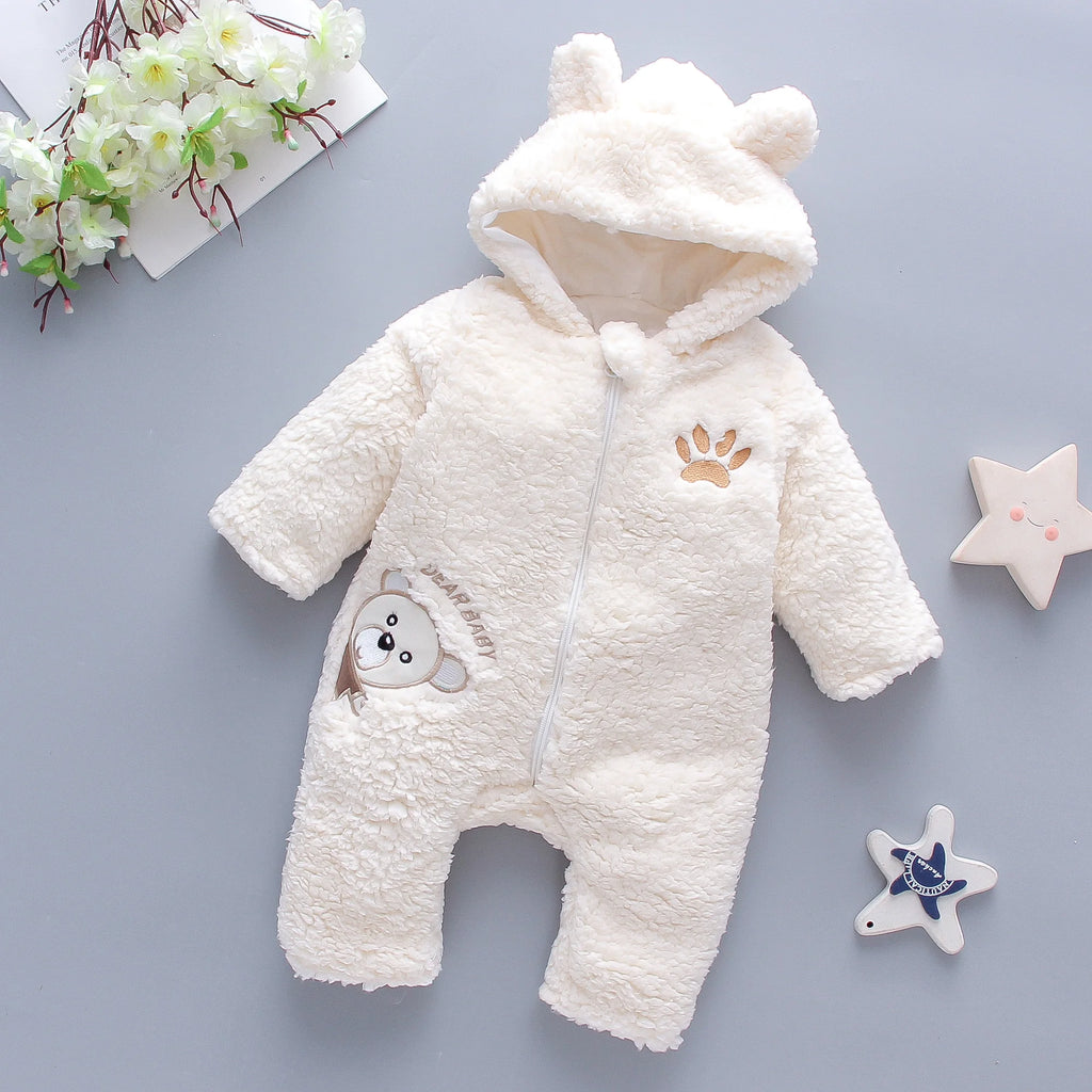 Khaki colored lamb hair baby romper with hood and zipper closure