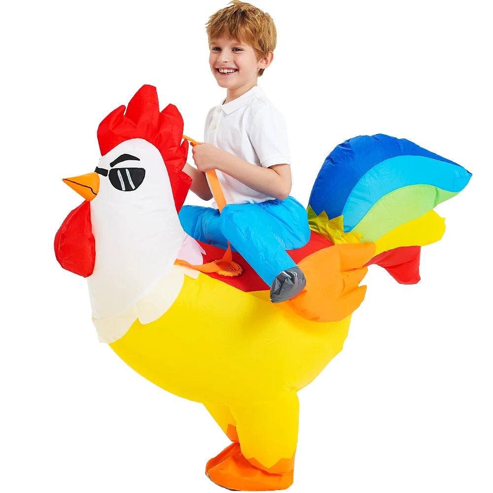 Child wearing a colorful inflatable rooster costume with a fan and battery case