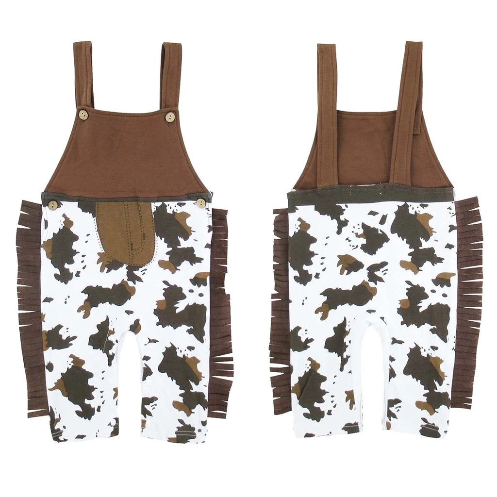 Front and back views of cowboy overall romper