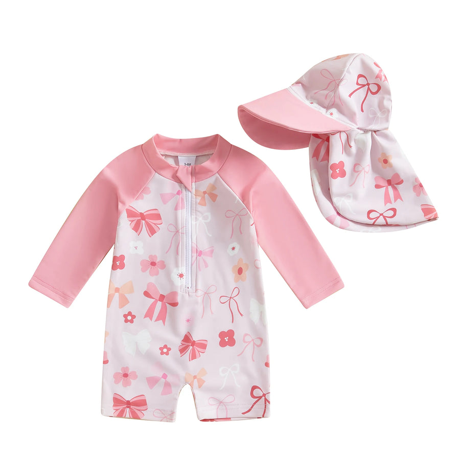 Floral Zip-Up Swimwear Set with Hat for Toddlers