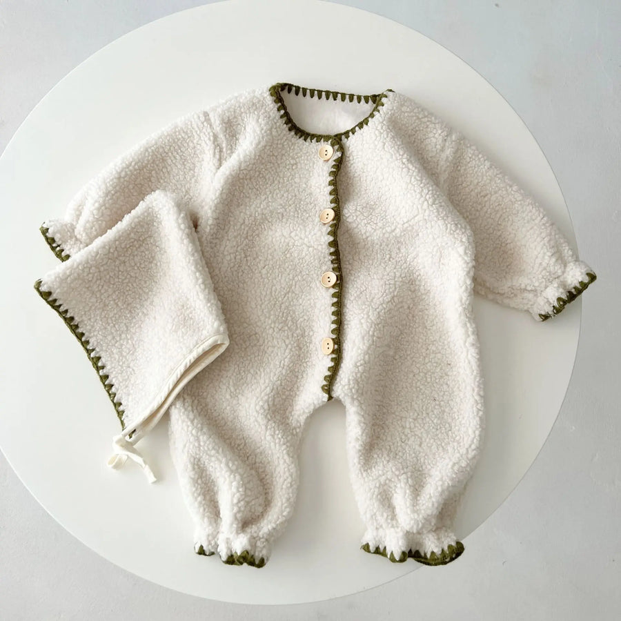 Baby Romper Set Laid Flat Showing Hat and Romper