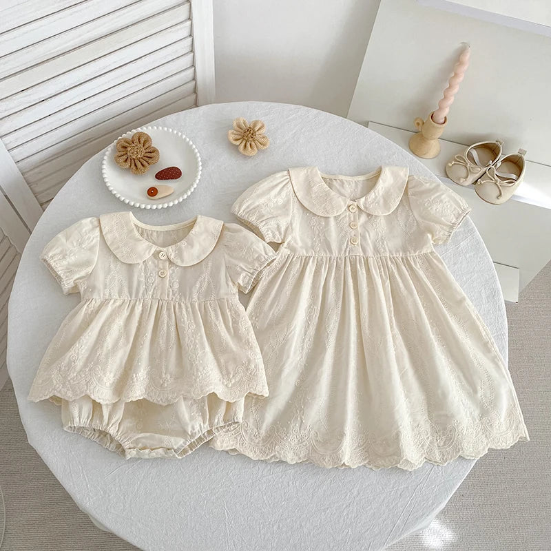 Embroidered cotton princess dress and romper set for girls