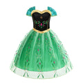 Green and black princess dress costume with floral pattern and puff sleeves