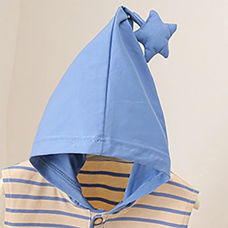Star hooded striped cotton sleeveless baby romper detail of hood
