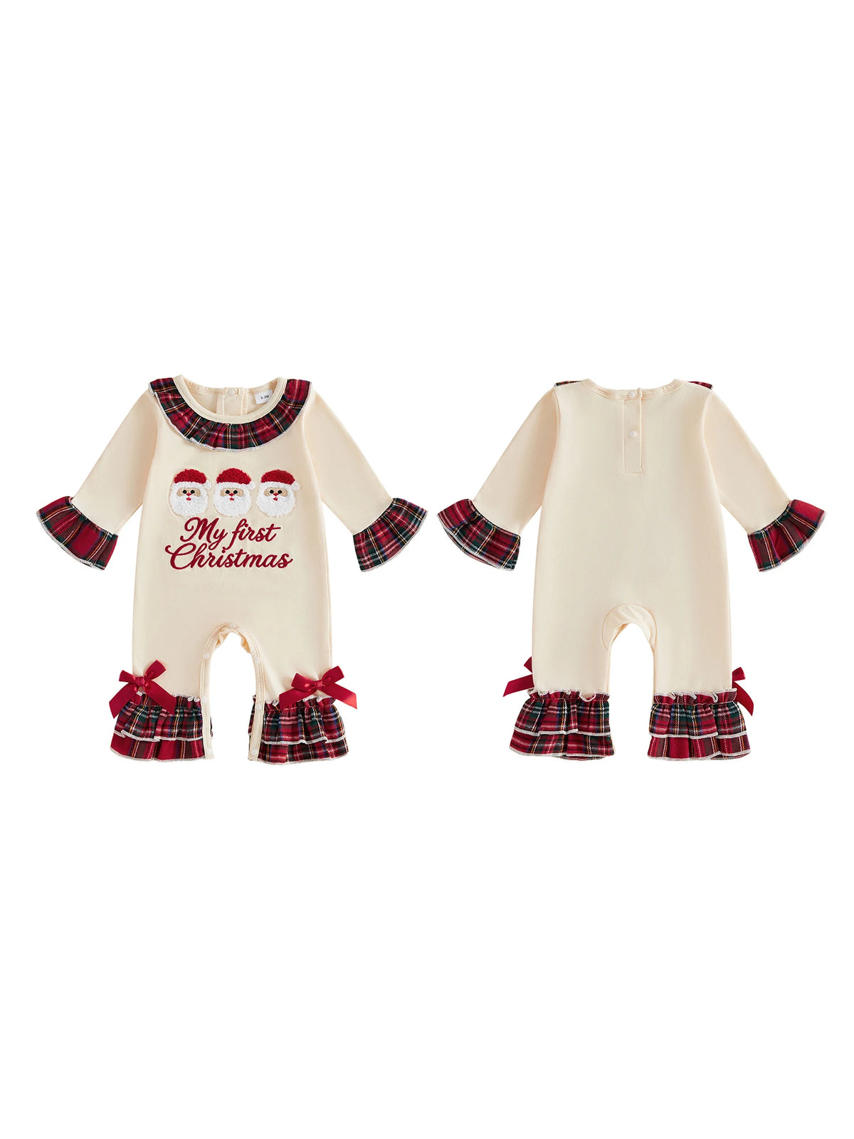 Front and back views of a cream baby romper with Santa faces, My First Christmas lettering, tartan ruffles, and red bows.