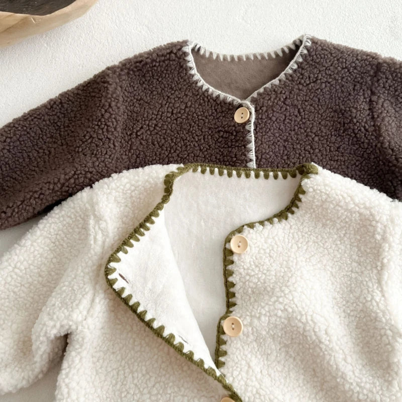 Back View of Lamb Wool Winter Baby Romper Set