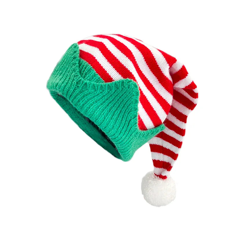 Red-and-white striped knit elf hat with a pointed green brim and a white pom-pom.