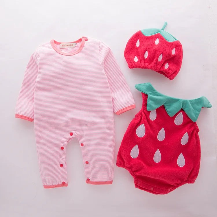 Infant strawberry costume set with romper, hat, and striped bodysuit