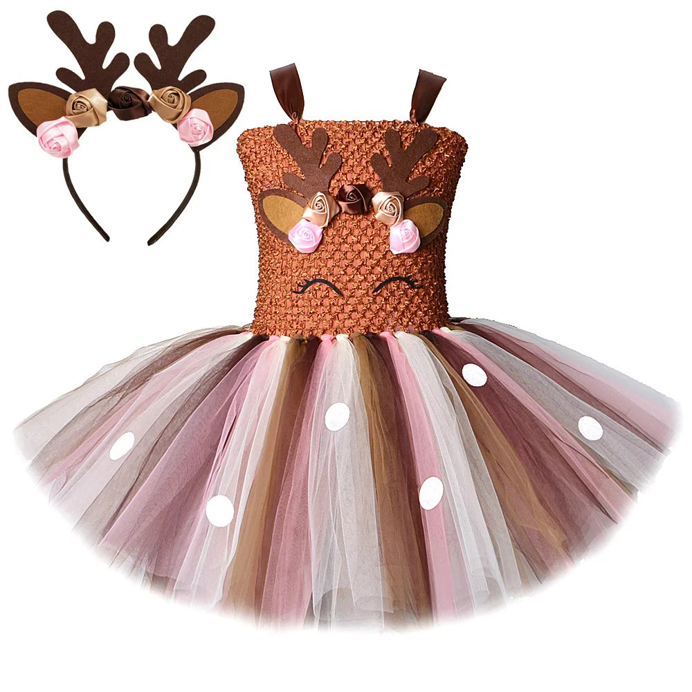 Back view of brown deer tutu dress for girls