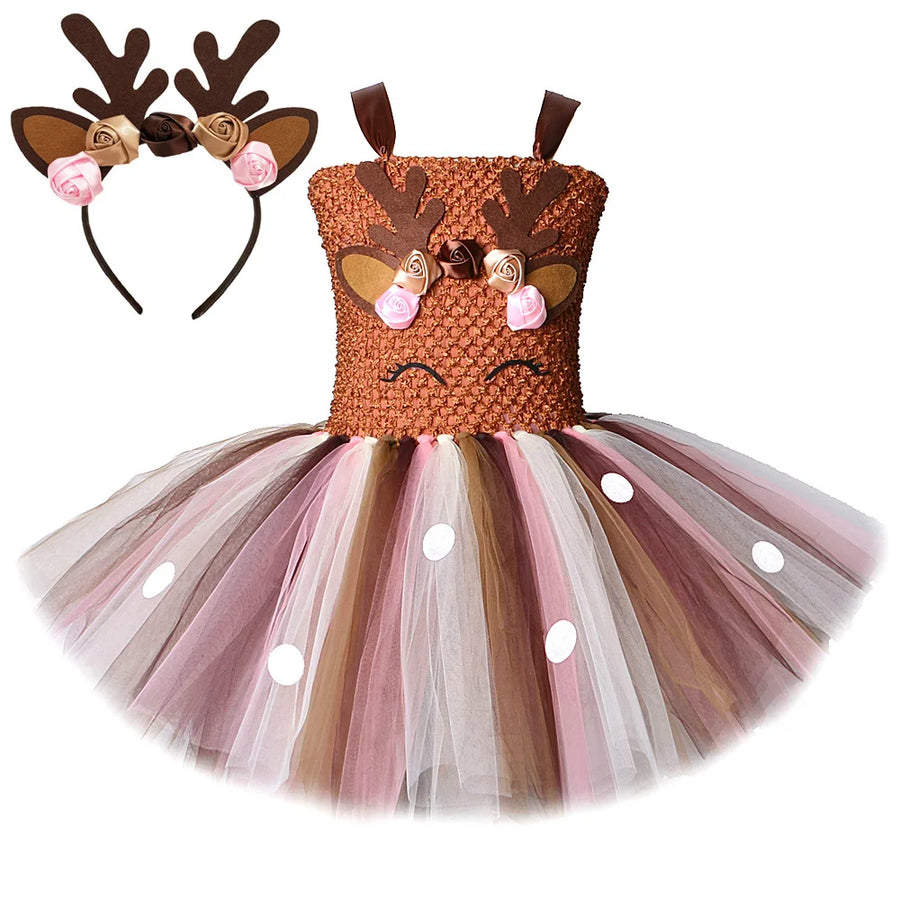 Back view of brown deer tutu dress for girls