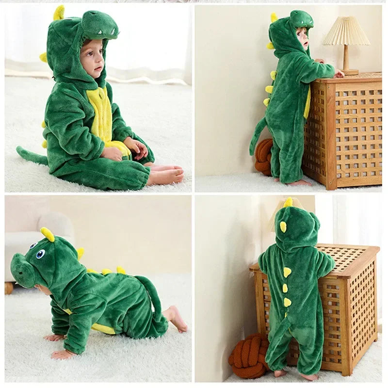 Green Dinosaur Infant Hooded Romper Costume Multiple Views