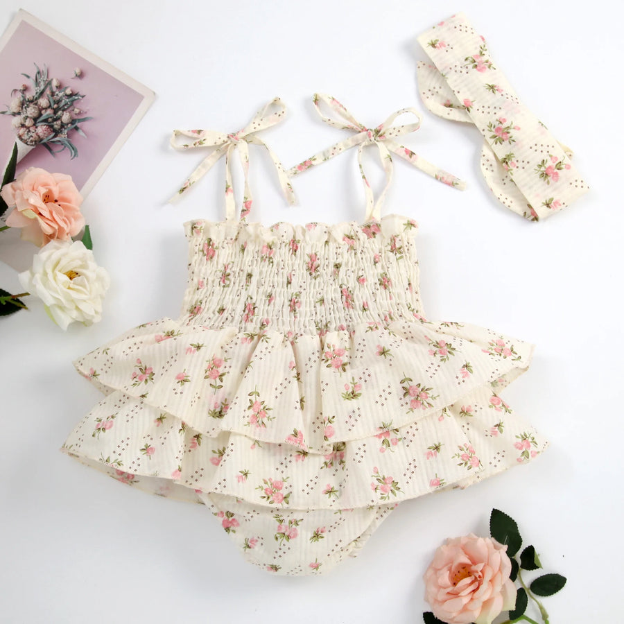 Floral Ruffled Romper Set with Bow Headband for Baby Girls