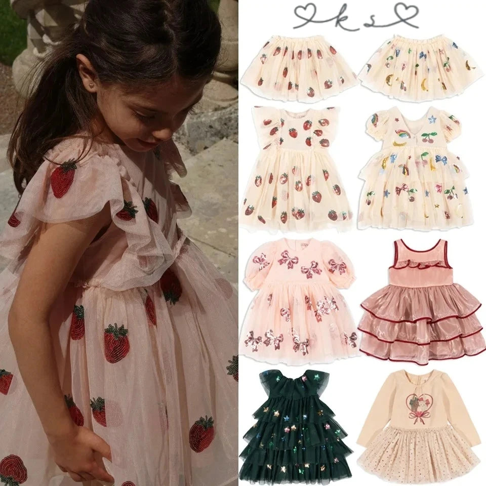 Girls' summer mesh sequin princess dress with skirt front view
