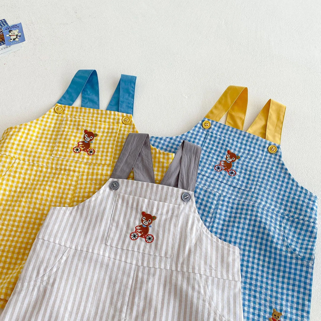 Kids Checkered Cotton Overalls with Bear Embroidery