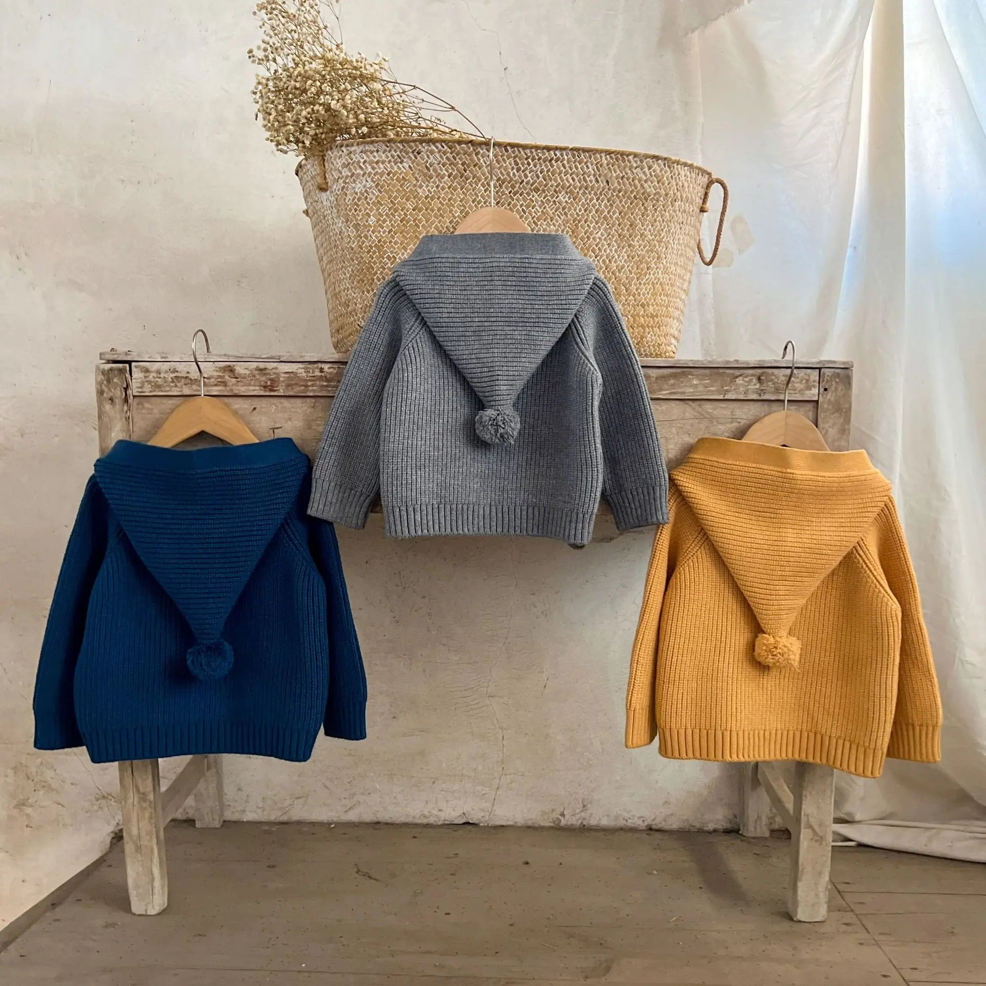 Hooded Pom Pom Knit Cardigan Cozy Cotton Baby Sweater Unisex Autumn Winter Cable Knitwear