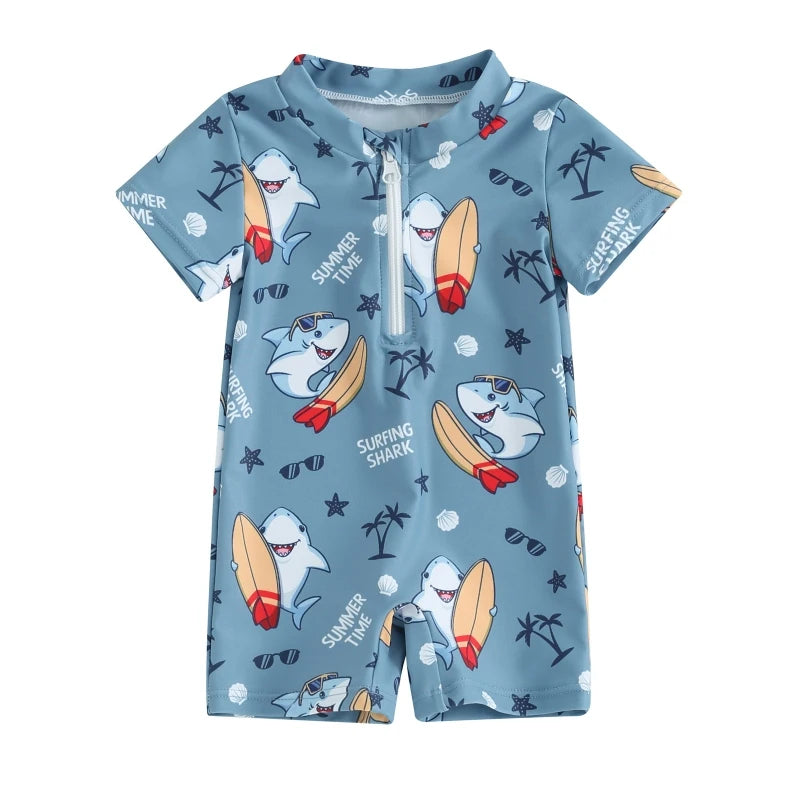 Baby Boys Summer Swimwear Beach Swimming Suit Cute Sea Element Prints Zipper Short Sleeve Monokini Swimsuit